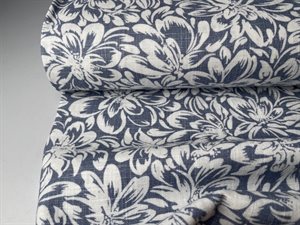 Fastvævet hør - blød fin vasket kvalitet i mørk dueblå med offwhite blomster 